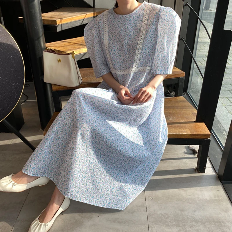 Женское длинное платье с рукавами пузырьками [EWQ] элегантное свободное круглым