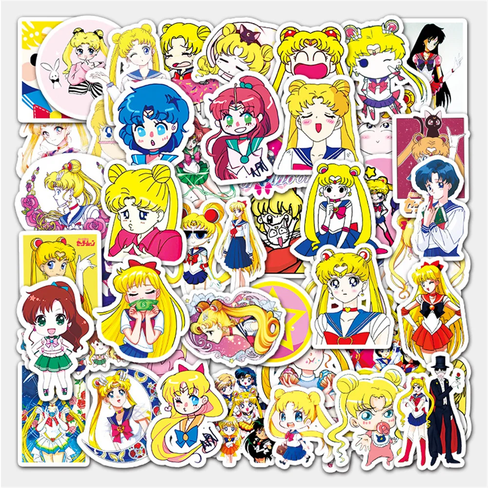 Moon Sailor Moon-garabatos para port&aacute;til, guitarra, motocicleta, equipaje, Skateboard, bicicleta, pegatina impermeable, venta al por mayor, 10/30/50 Uds.-3