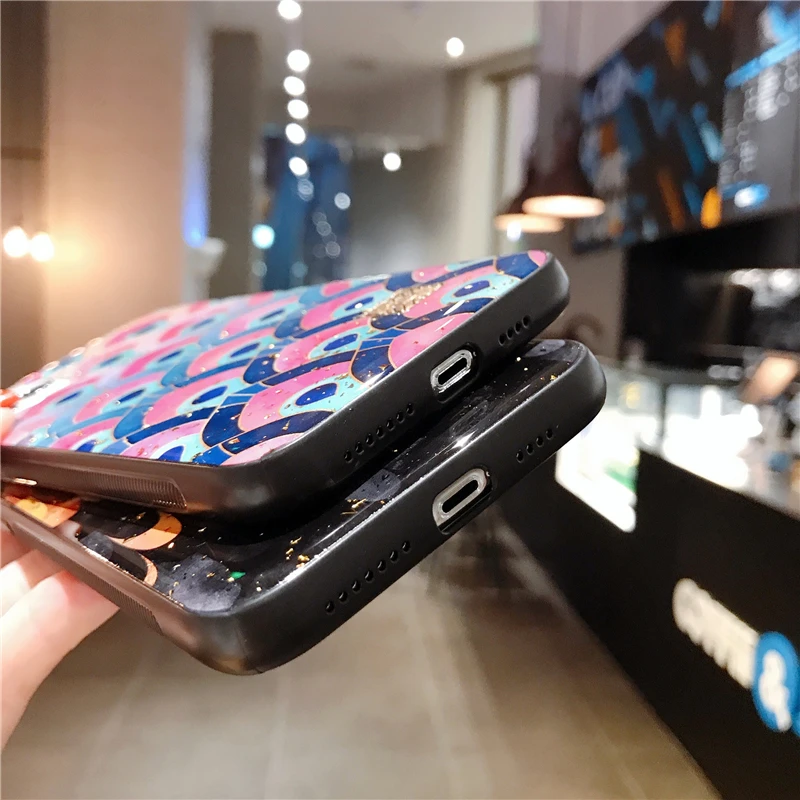 

Fashion Colored Gold Foil Silicon Case For iPhone 11 12 Mini Pro Xs Max SE XR X 6 6s 7 8 Plus Glitter Peacock Feather Soft Cover