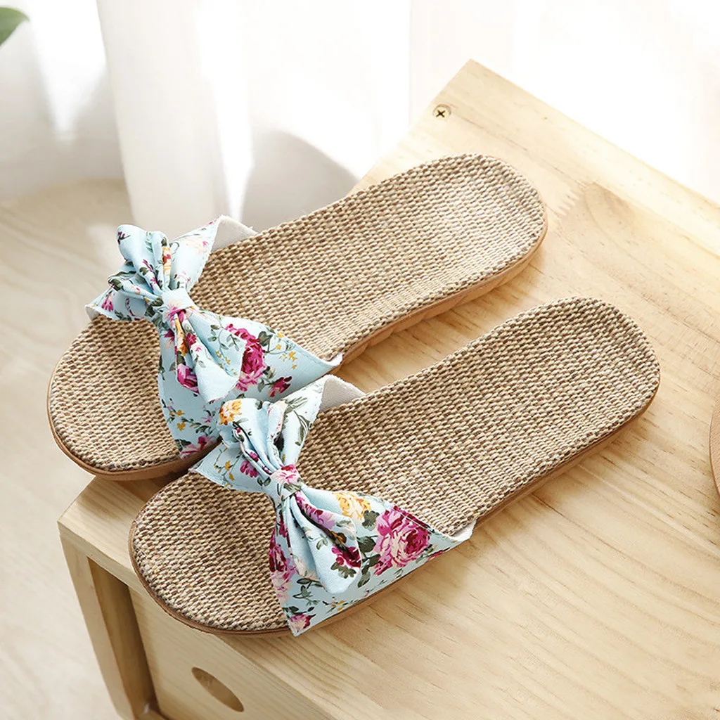 flip flops shoes woman Female Bohemia Bowknot Flax Linen Flip Flops travel Beach Shoes Sandals Slippers zapatos de mujer#25