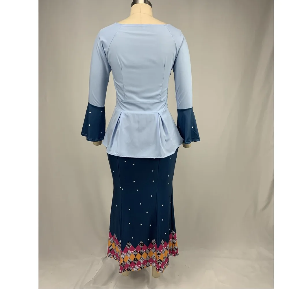 

Lugentolo Women Dress Plus Size Slash Neck High Waist Flare Sleeve Print Patchwork Office Lady Fishtail Dress