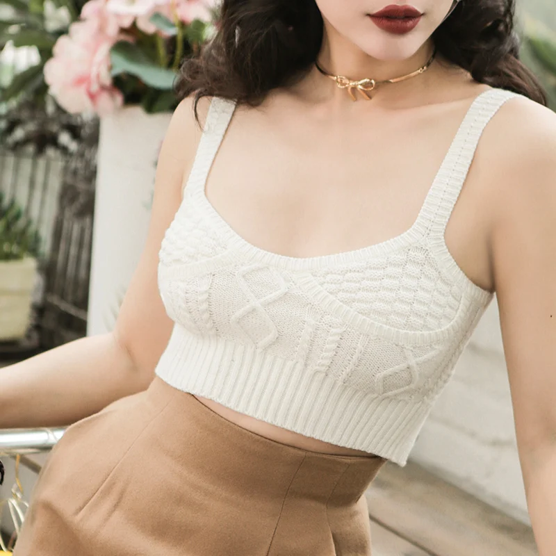 Женский Короткий трикотажный топ Винтажный французский молочно белого цвета