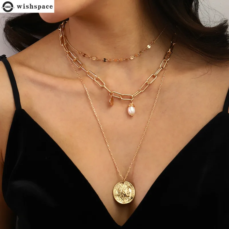 

wishspace Multilayer popular freshwater pearl retro metal coin pendant necklace fashion women fine jewelry wholesale