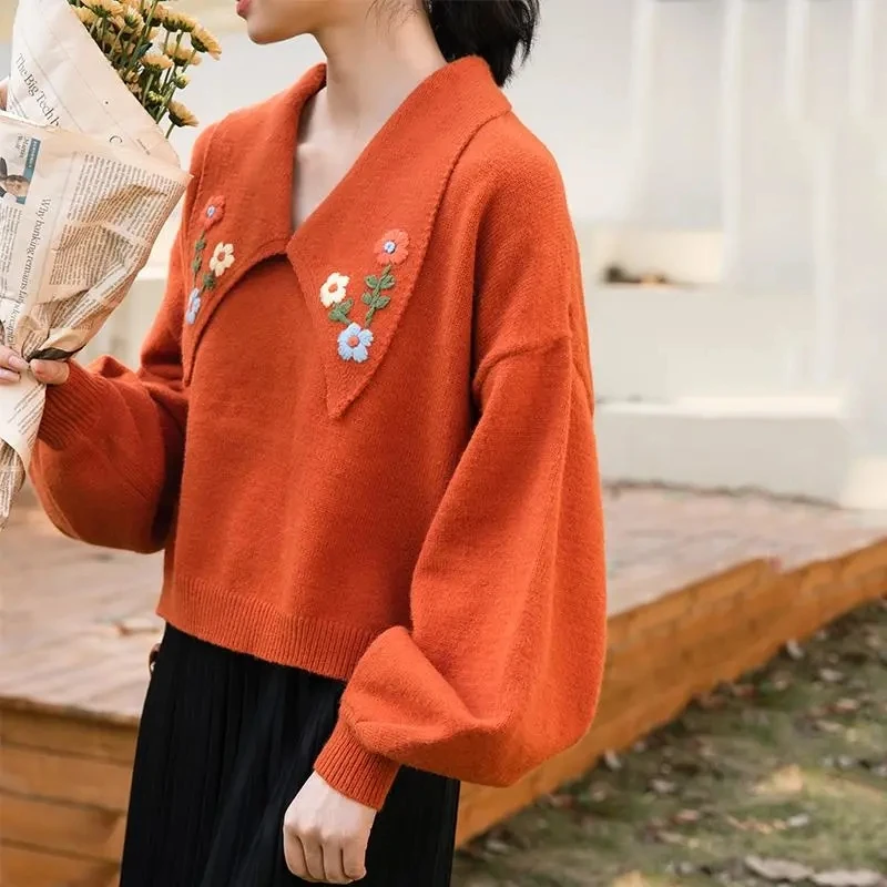 

Свитер осень-зима 2021, милые модные вязаные пуловеры в Корейском стиле с цветочной вышивкой, винтажный Топ с длинным рукавом, милые укороченн...