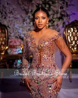 luxury beaded aso ebi evening dresses sheer neck long sleeves meramid south african style long formal gowns custom