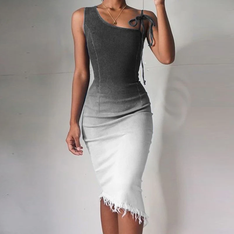 

Women Party Dress Sexy Sleeveless Gradient Tie-Dye Shrink Waist Slim Denim Dress Strap Bodycon Halter Zipper Split Dress