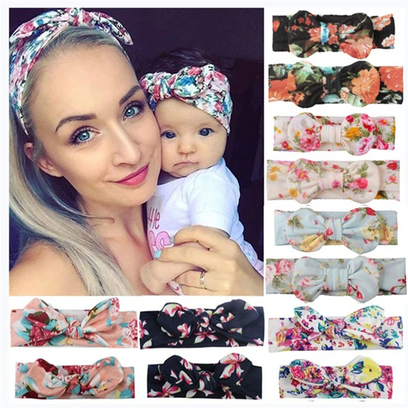 

Mom & Baby Headbands Mother Baby Comfortable Turban Mom Daughter Rabbit Ears Hairband Floral Print Parent-Child Hair Accessories
