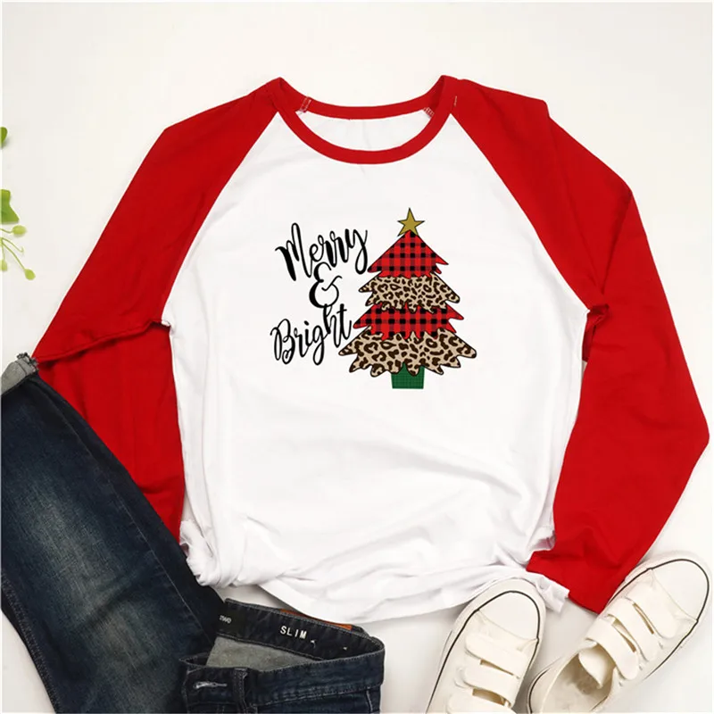 

Cute Leopard Christmas Tree Graphic Tshirts O-neck Raglan Sleeve Ladies Tshirt Merry Bright Letter Print Christmas Women T Shirt
