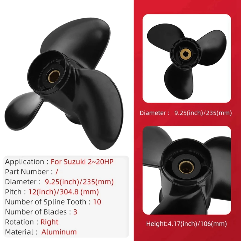 

9 1/4 X12 Marine Engine Outboard Propeller 10 Spline Teeth 3 Blade Rotating Propeller for Suzuki 2-20Hp