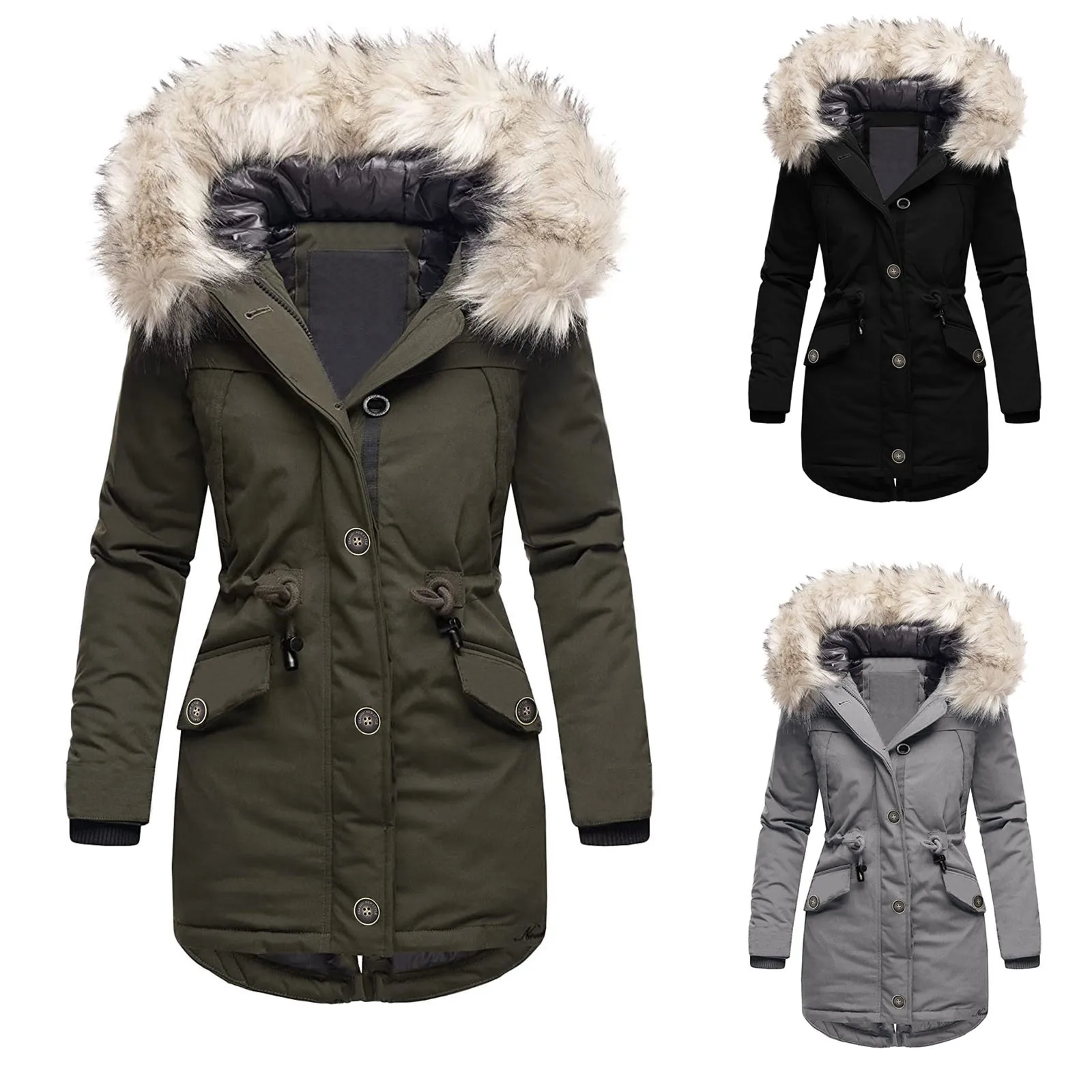 

Пуховик женский зимний с капюшоном, модное однотонное пальто на молнии, с длинным рукавом и карманами, теплая парка, большие размеры