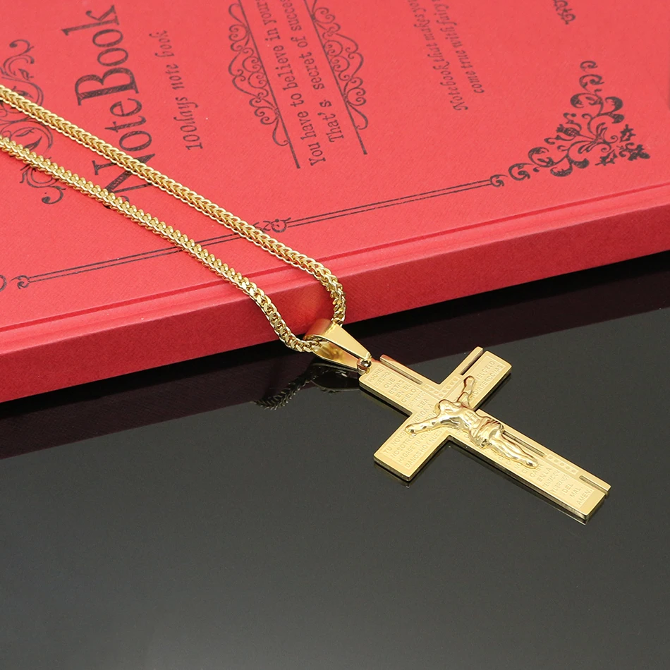 

New Arrivals Men Cross Pendent Necklace Stainless Steel Gold Color Jesus Cross Pendent With Bible & Chain Necklace Women Jewelry