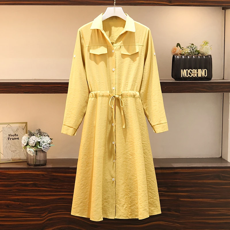 

Spring Autumn High Waist Dress Women Korean Version Large Size Pockets Solid Color Retro Dresses Female Robes T19918
