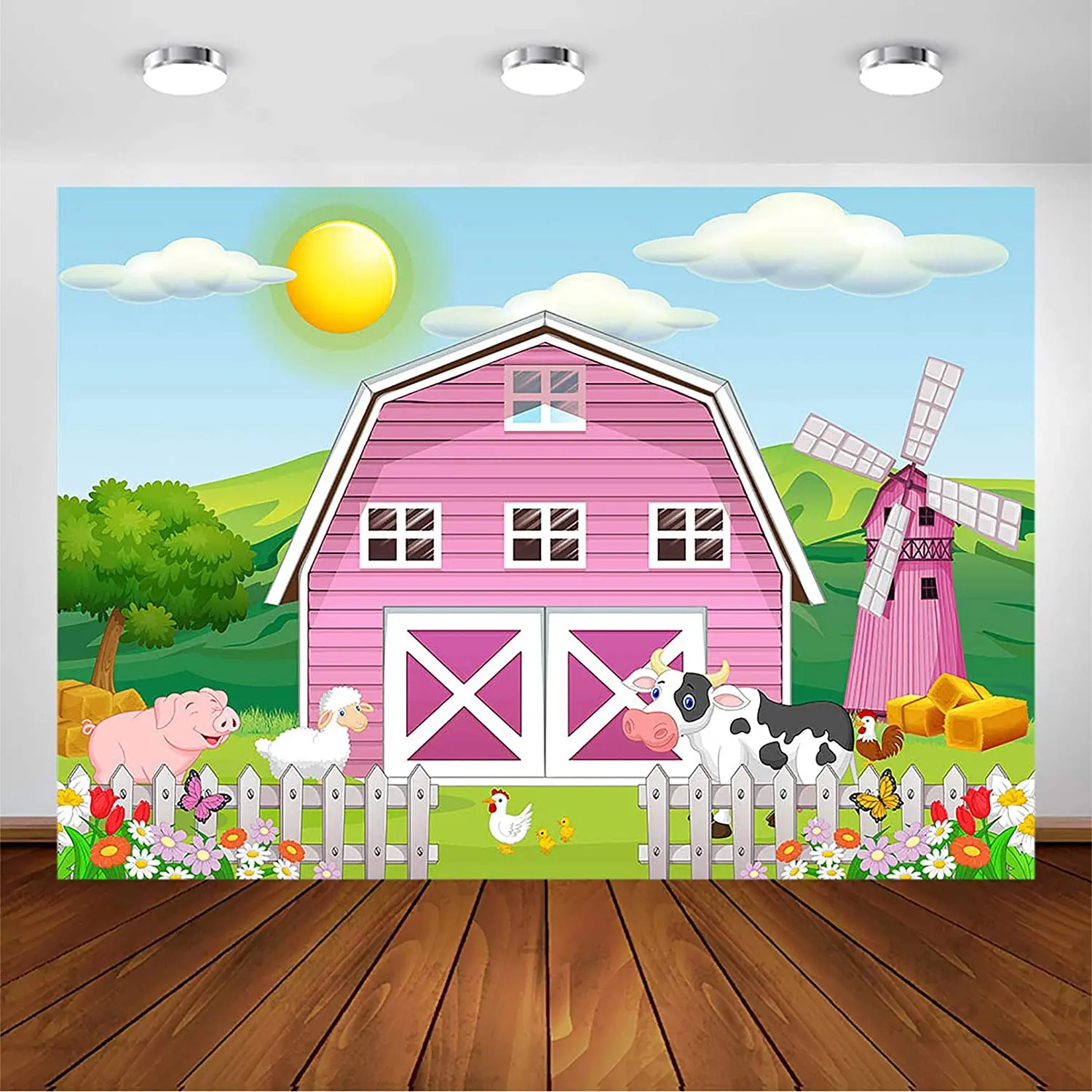 Farm Animals Backdrop for Gils Party Decoration Cartoon Pink Farm Photography Background Kids Children Birthday Baby Shower