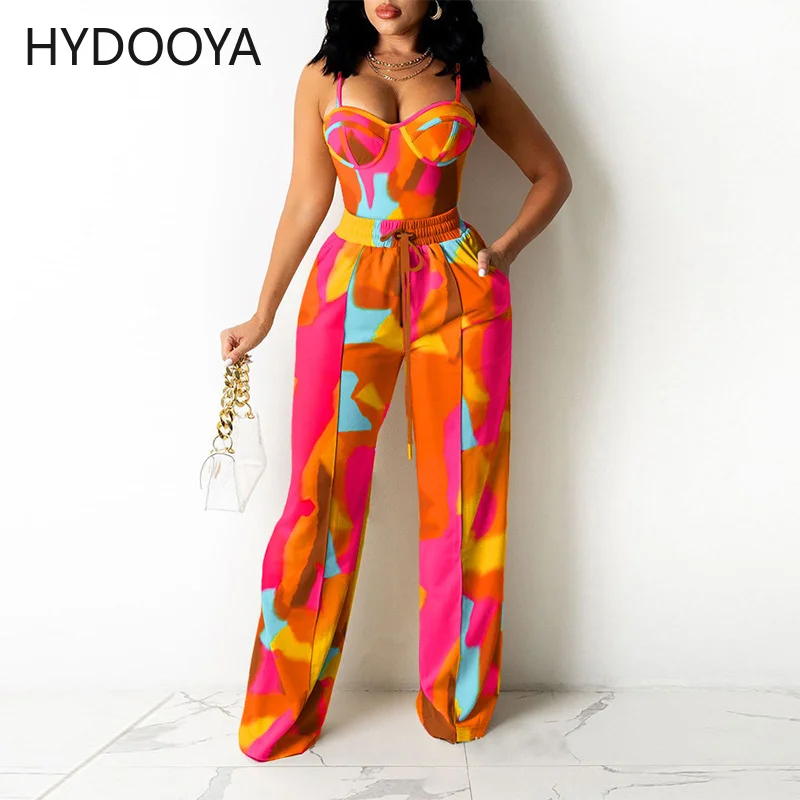 

Women's Clothing 2021 Casaul Two Piece Sets Sleeveless Colorblock Zipper Back Cami Top & Wide Legs Contrast Pipping Pants Sets