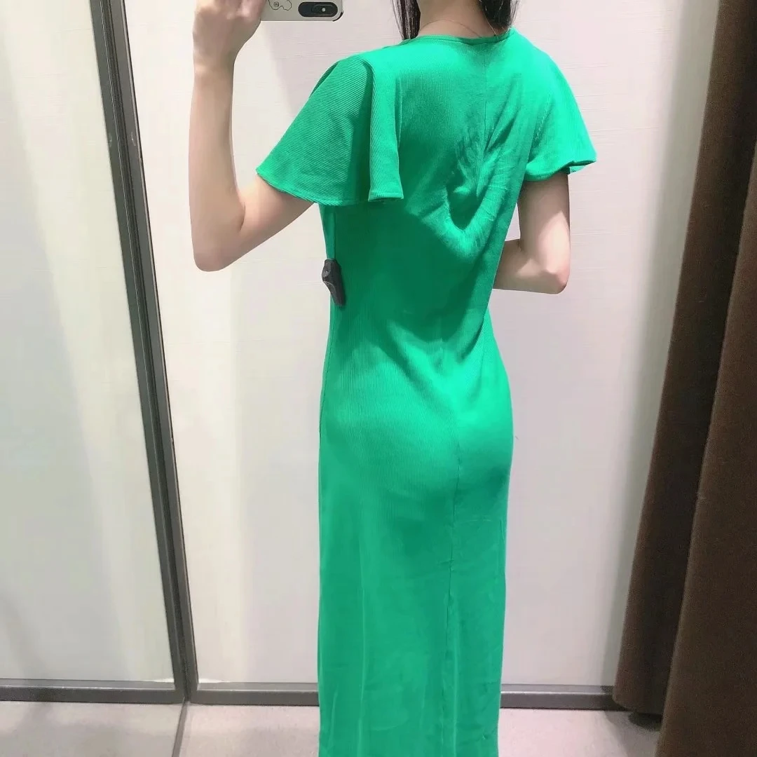 

KRSB Summer Women's Green Long Dress Lace Sleeve Design V-Neck Single-Breasted Split Split Sexy Casual High Street Style