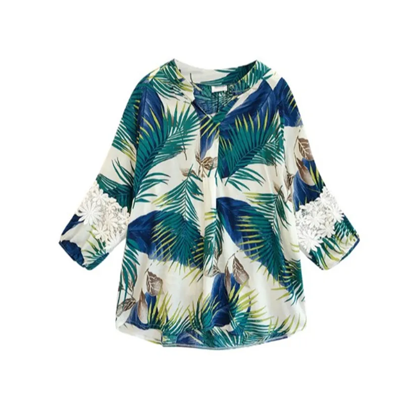 Новые женские летние топы с принтом Блузки 2021 модные рубашки кружевом 3/4 блузка