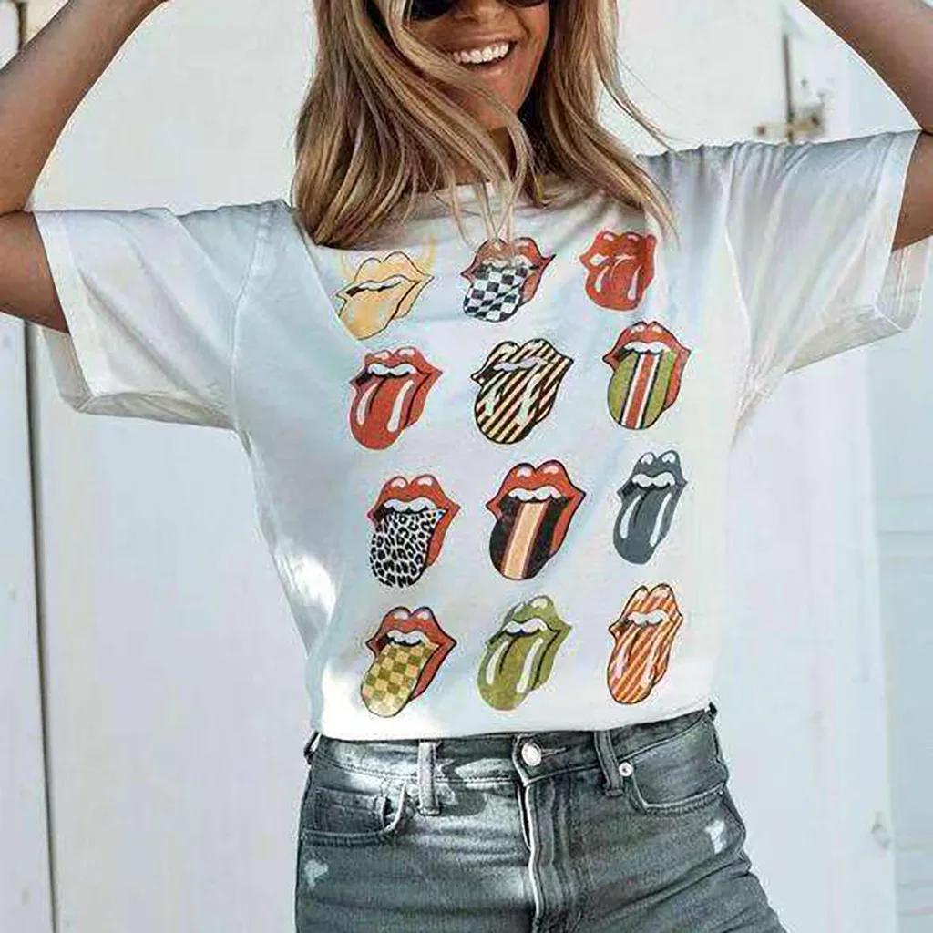 Забавная футболка с большим языком хлопковая Женская белая коротким рукавом