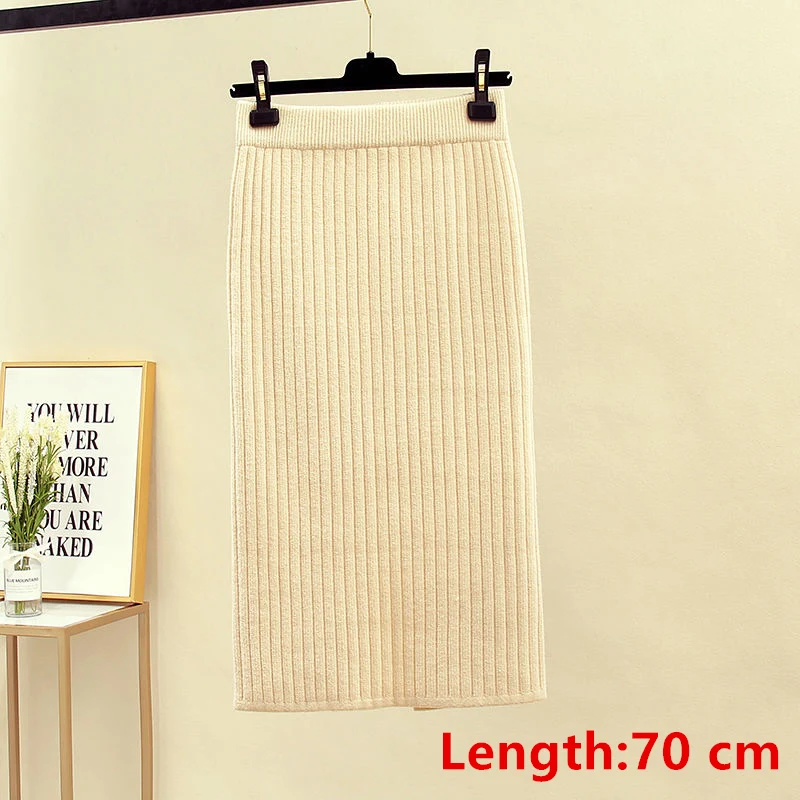 beige-length 70cm 60-70 см эластичные женские юбки осень зима теплая трикотажная прямая юбка ребристая юбка средней длины черная - Цвет: beige-length 70cm