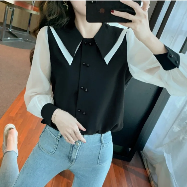 

FAKUNTN Women T-shirt 2021 Long Sleeve Color Tees Patchwork Fall New Multicolor O Neck Black
