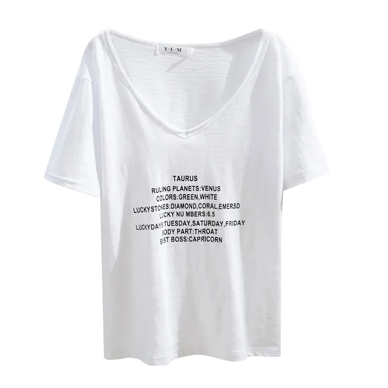 

2021 Summer New Arrival V-Neck Letters Print Cotton T Shirt Women Short Sleeve White Tee Shirt Femme Ins Basic Top Casual Tshirt