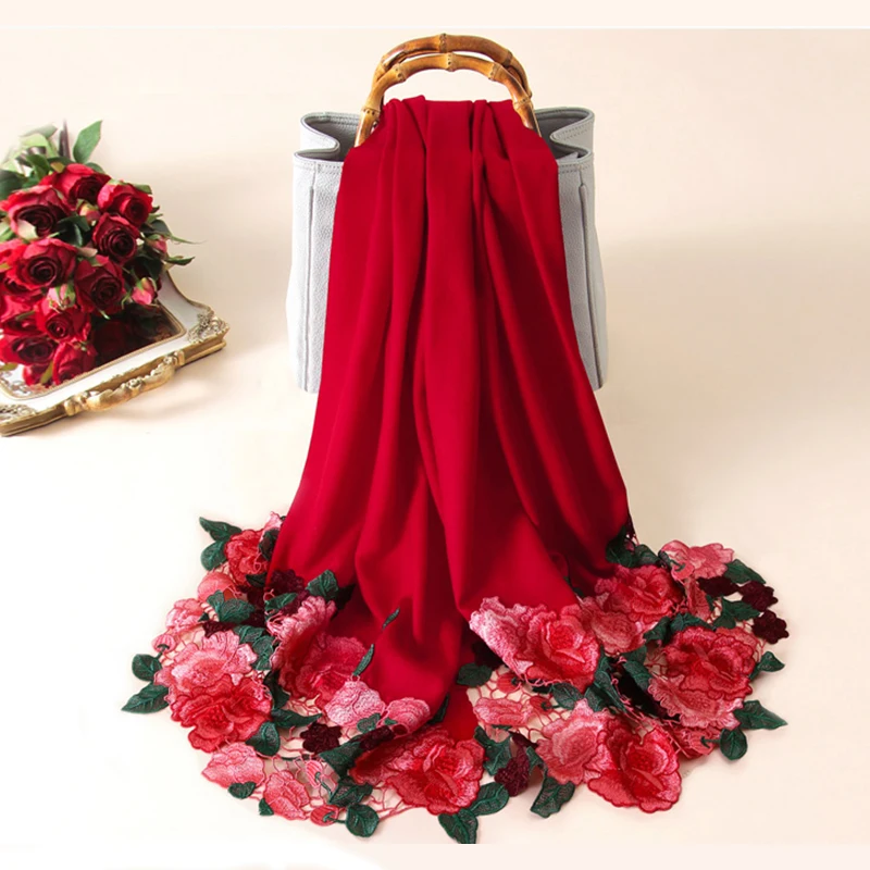 

100% Pure Wool Scarf for Women Winter Embroidery Shawls and Wraps for Ladies Bride Bridesmaid Pashmina Warm Wool Scarves