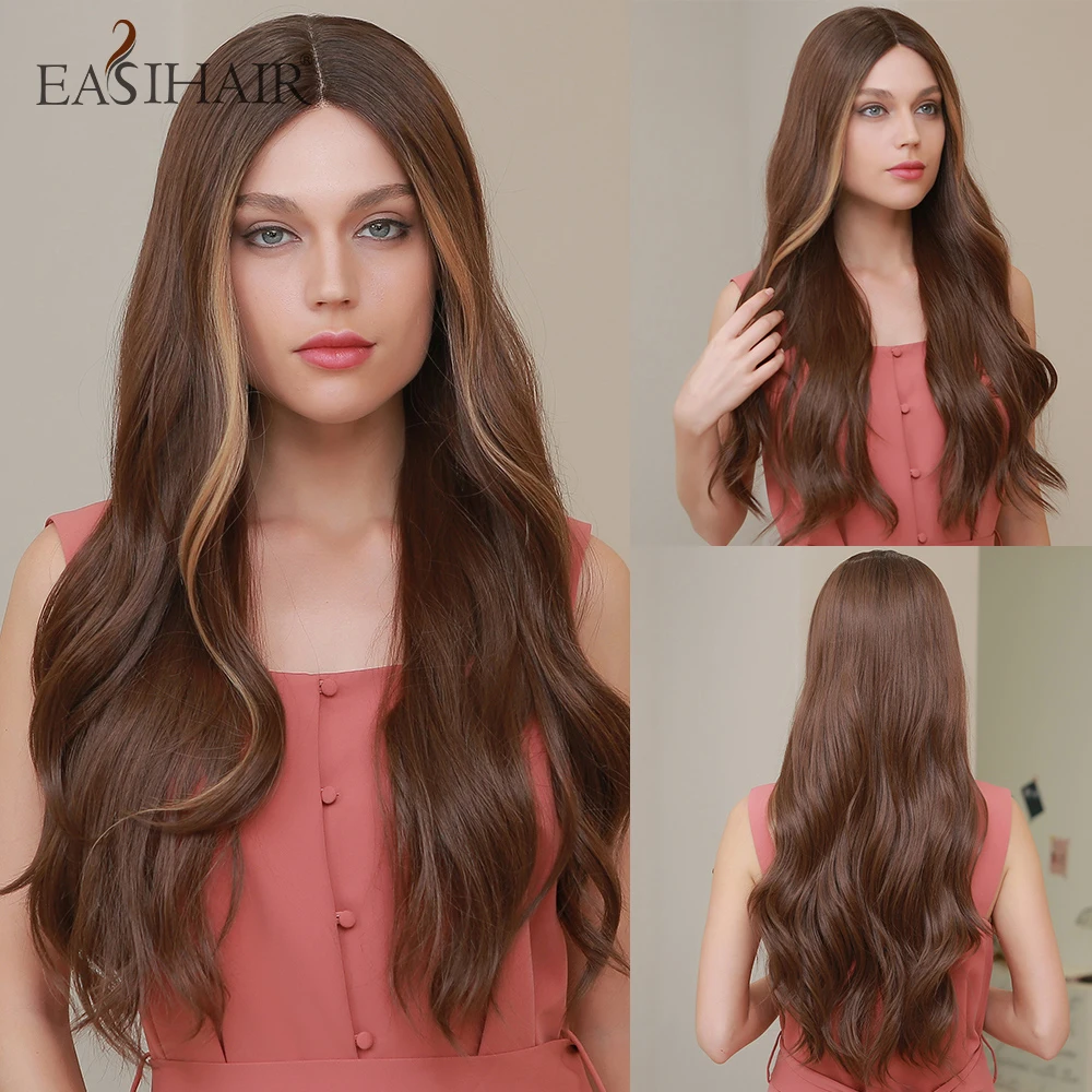 

EASIHAIR Long Wave Lace Front Wig for Women Brown to Blonde Ombre Synthetic Wigs with Baby Hair High Density Wig Heat Resistant