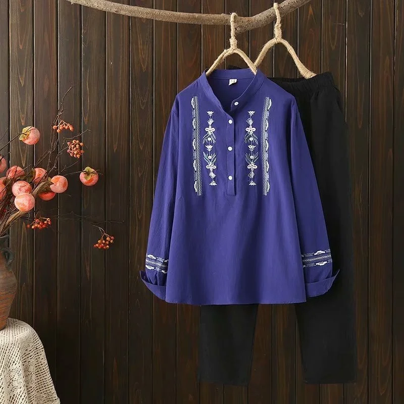 

Plus Size XL-4XL Women's 2 pieces Sets Long Sleeved Embroidery Top + Elastic Waist Long Pants Vintage Suits