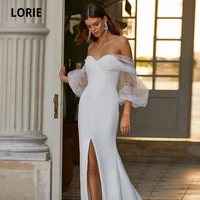lorie vintage wedding dresses boho off the shoulder tulle puff sleeves chiffon white mermaid bride gowns 2021 suknia %c5%9blubna