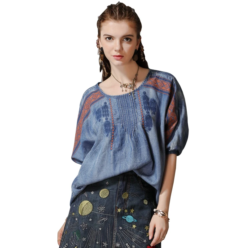 Женская джинсовая рубашка с круглым вырезом Винтажная Футболка большого размера