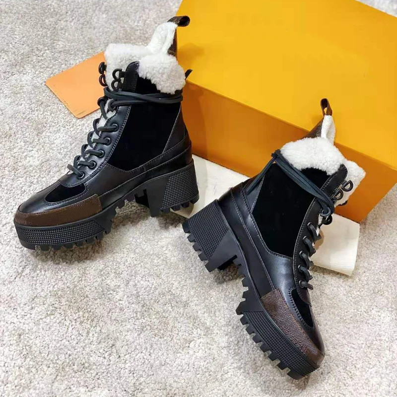 

Brown Real Leather Snow Boots Women Round Toe Warm Wool Fur High Heels Winter Shoes Woman Fashion Ankle Boots