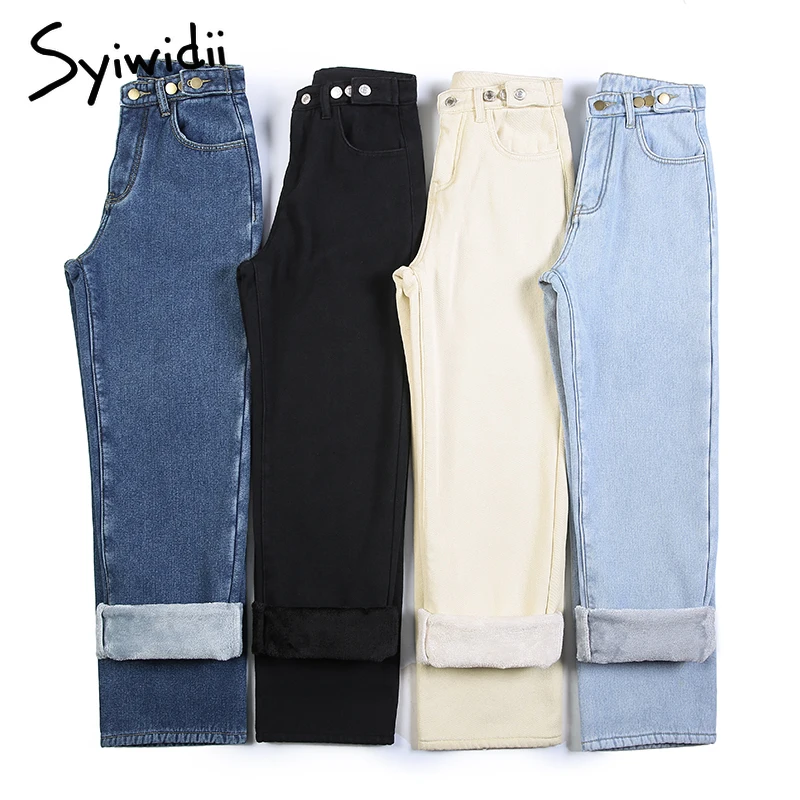 Прямые джинсы для женщин размера плюс с высокой талией флисовые Джинсы бойфренда