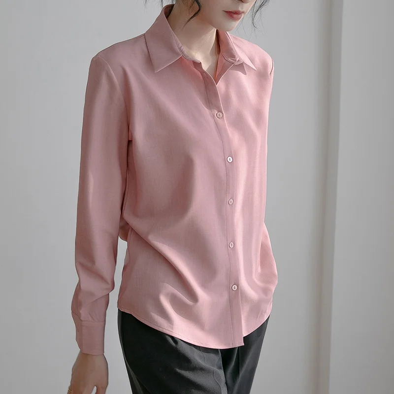 Women's Blouse Turn-down Collar Shirt Top Loose Long Sleeve Top Solid Color Women Clothes Plus Size