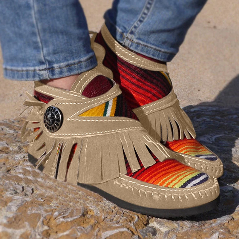 

Women Tassel Stripe Ankle Boots 2020 Women's Sewing Warm Woman Flats Female Shoe Ladies Casual Hook Loops Footwear Plus Size 43