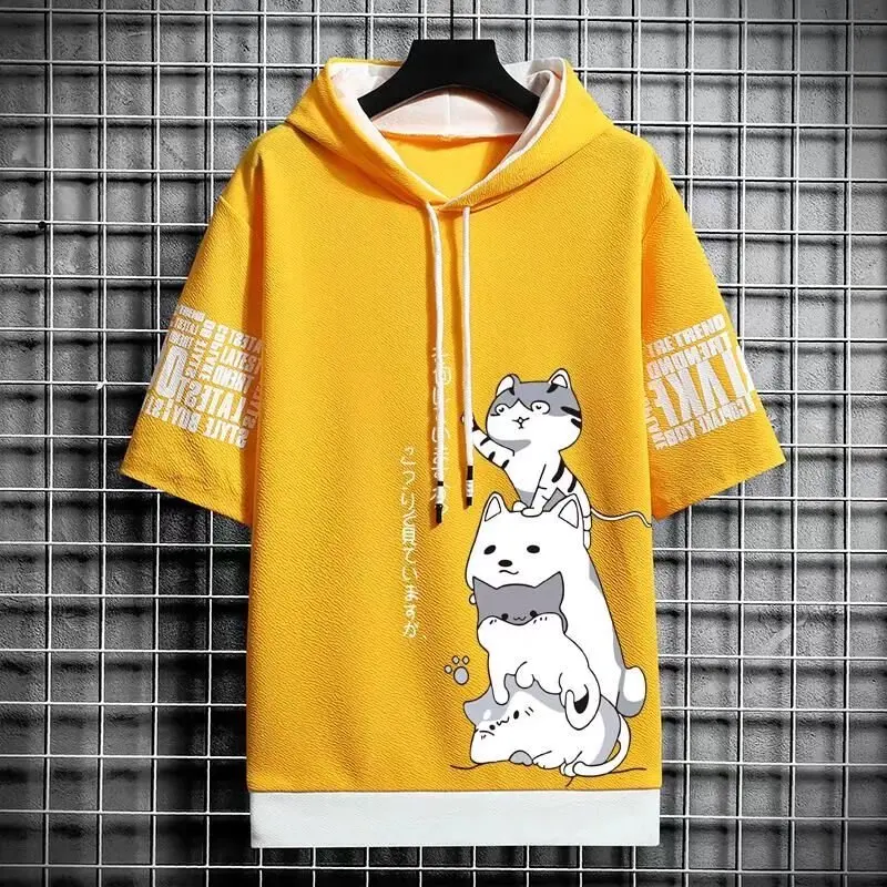 

Man Summer Short Sleeve Hooded Graphic T Shirts Harajuku Cartoon Anime Shirt Japanese Streetwear Tees Casual Men Clothing 2021