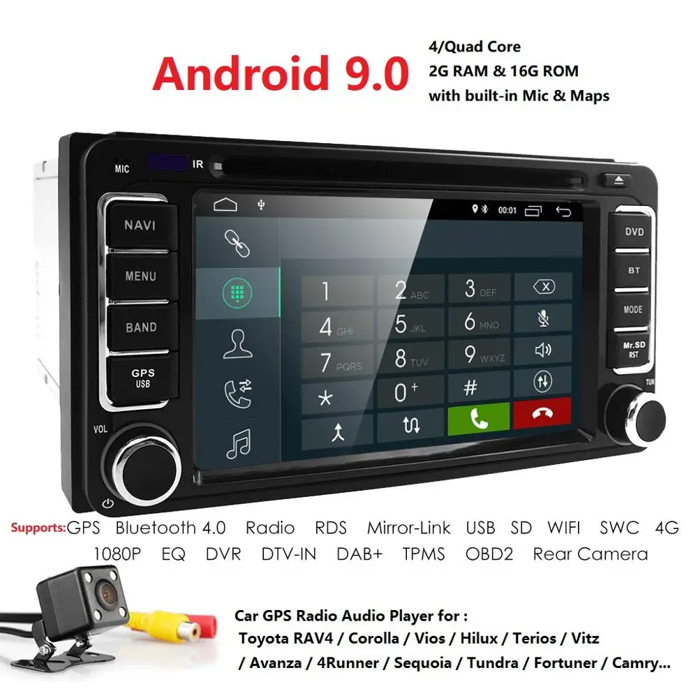 Autoradio 2 din Android 9.0 Car DVD Multimedia Player For Toyota Land cruise 100 200 prado120 150 RAV4 COROLLA Camry yaris Hilux |