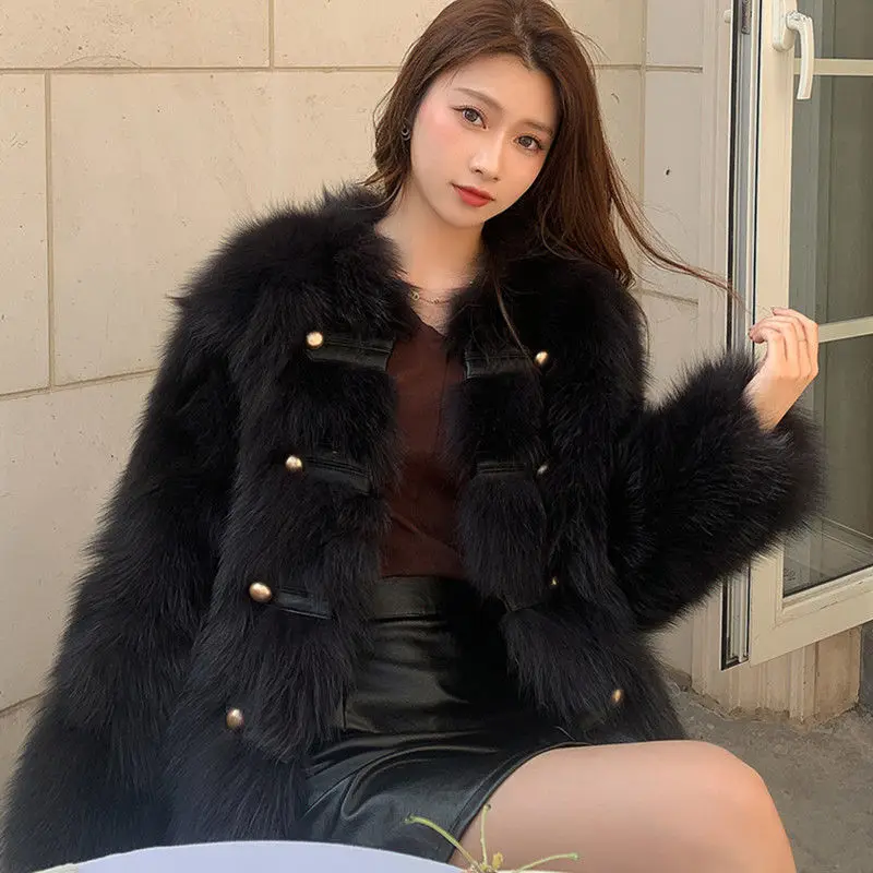 

2021 Autumn Winter Furry Faux Fur Metal Button Coat Women Warm Round Neck Short Long Sleeve Female Outerwear Coat Jacket Y145