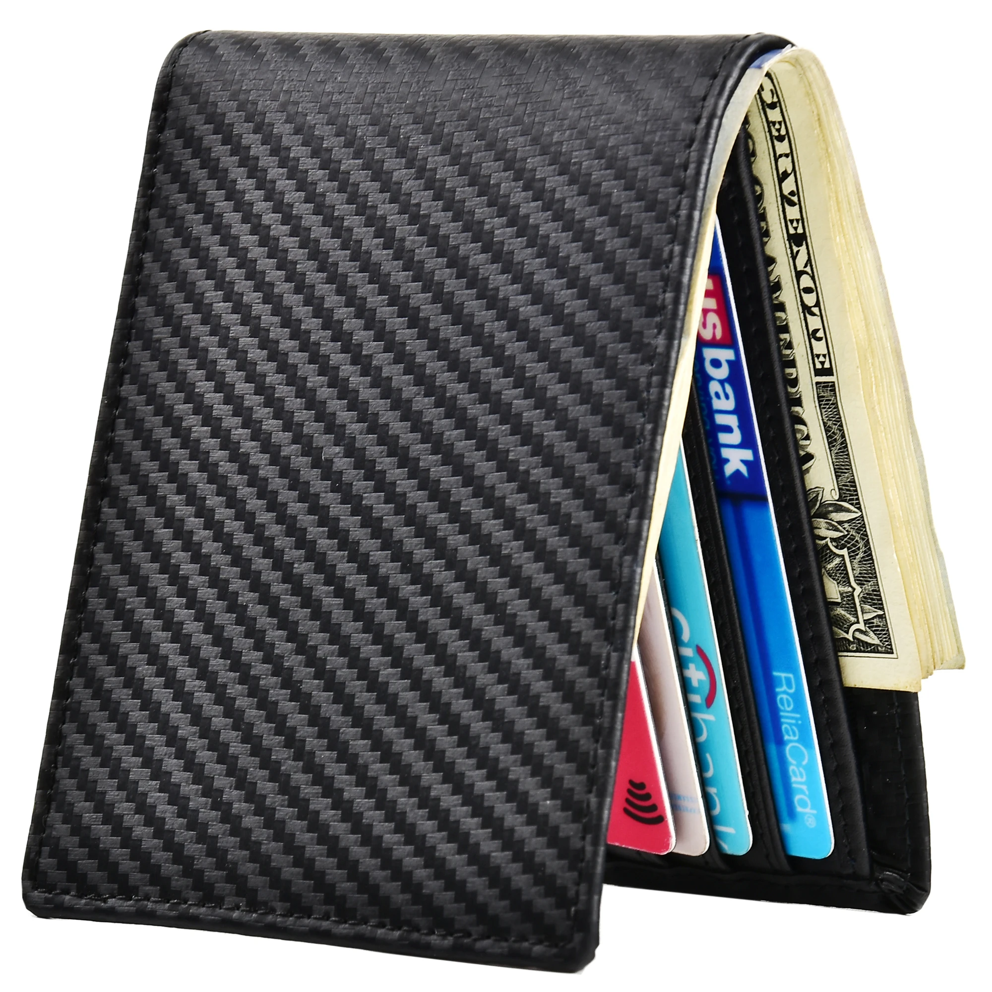 Мужские Тонкий передний карман кошелек углерода Волокно двойные trifold бумажник RFID