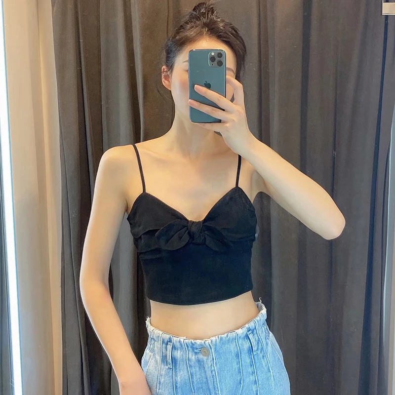 

Женский пляжный облегающий Топ без рукавов, черный укороченный топ на бретелях-спагетти с V-образным вырезом и бантом, на лето