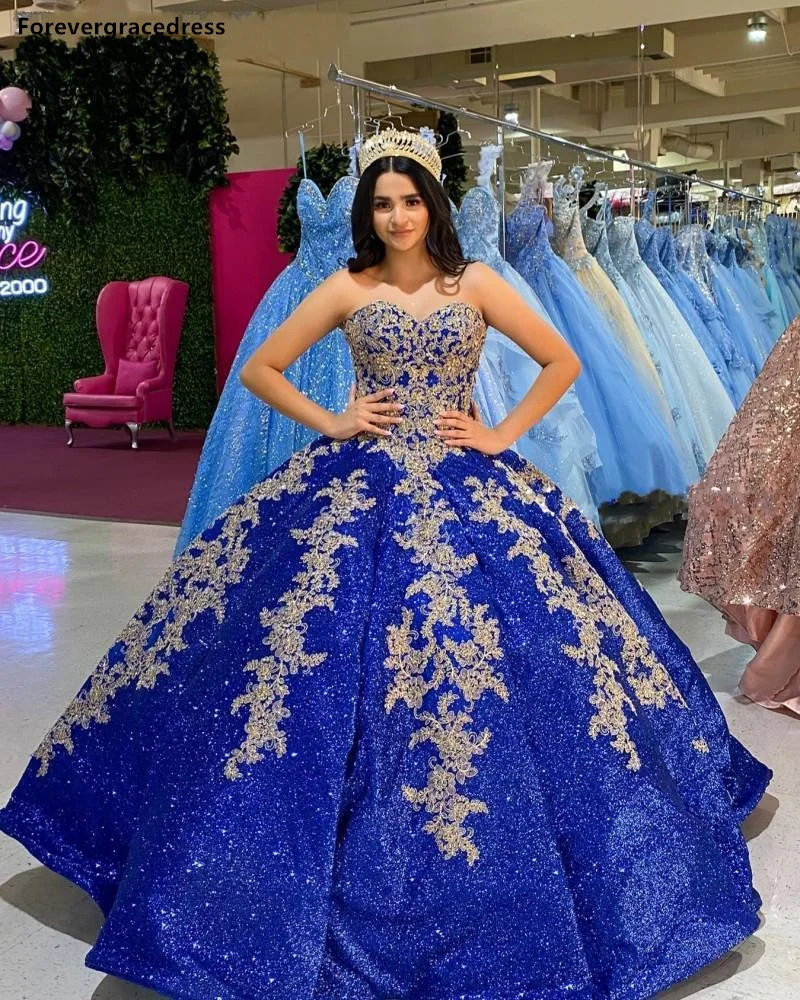 

Princess Sequined Quinceanera Dresses Royal Blue Ball Gown Sweet 16 Evening Gowns Custom Made Plus Size Available