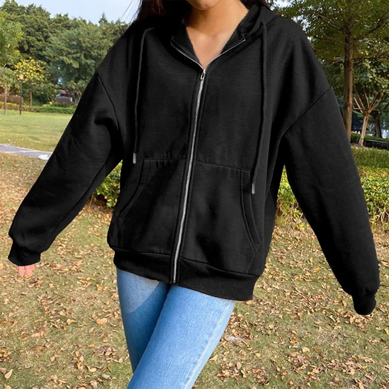 ZZSYKD Black Zip Up Hooded Sweatshirt Women Winter Jacket Coat Oversized Hoodies Retro Warm Pockets Long Sleeve Pullover Clothes