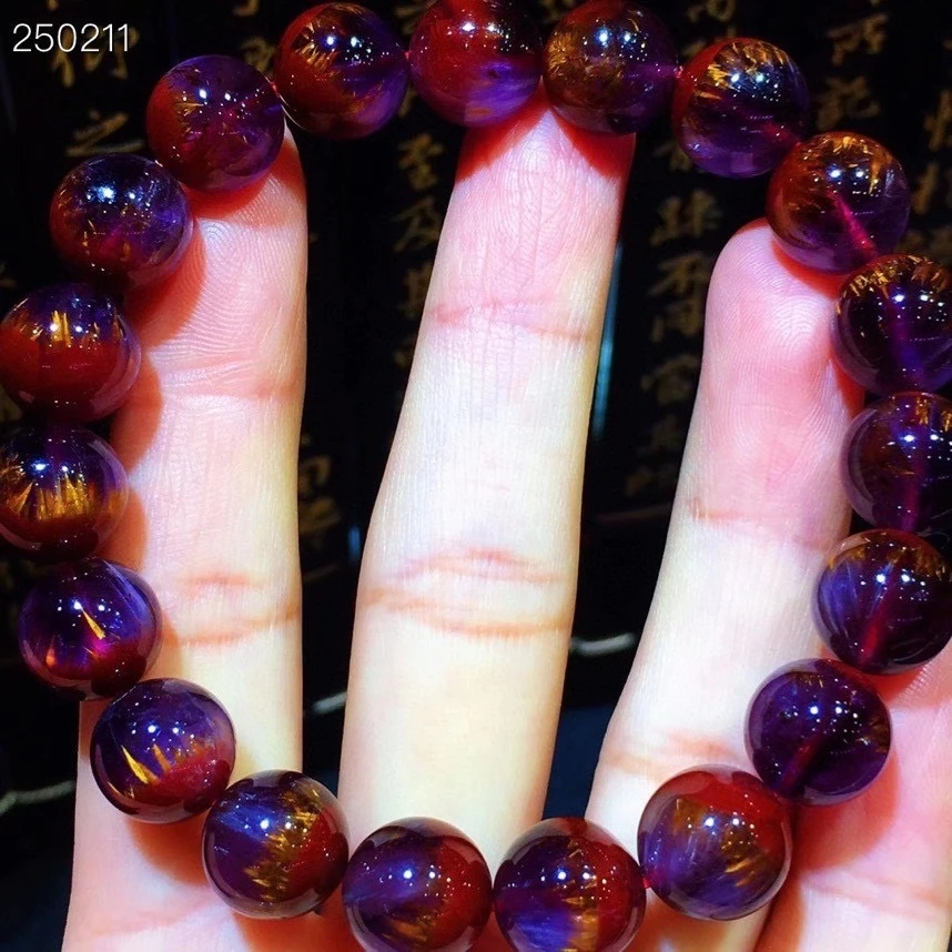 

Top Natural Auralite 23 Cacoxenite Red Purple Canada Bracelet 11mm Women Beads Gold Rutilated Genuine AAAAAA