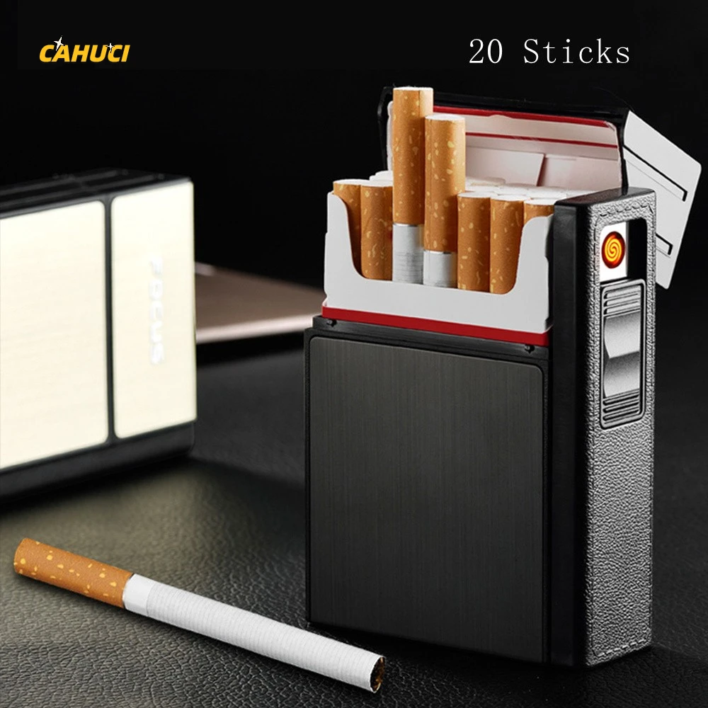 Metal Cigarette Box Automatic Cigarette Case 20 Pcs Cigarette Capacity Lighter Gas Lighter Turbo For Men Smoking Nice Gift