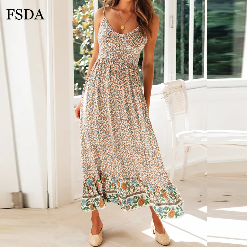FSDA v образный вырез цветочный принт женское платье миди Пляжное летнее без