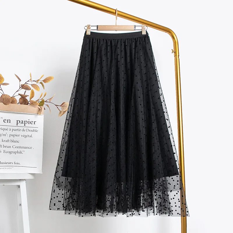 

LANMREM Mesh Skirts for Women Elastic High Waist Printed Dot Trendy All-Match Female Elegant Large Size Casual Midi Skirt 2A6048