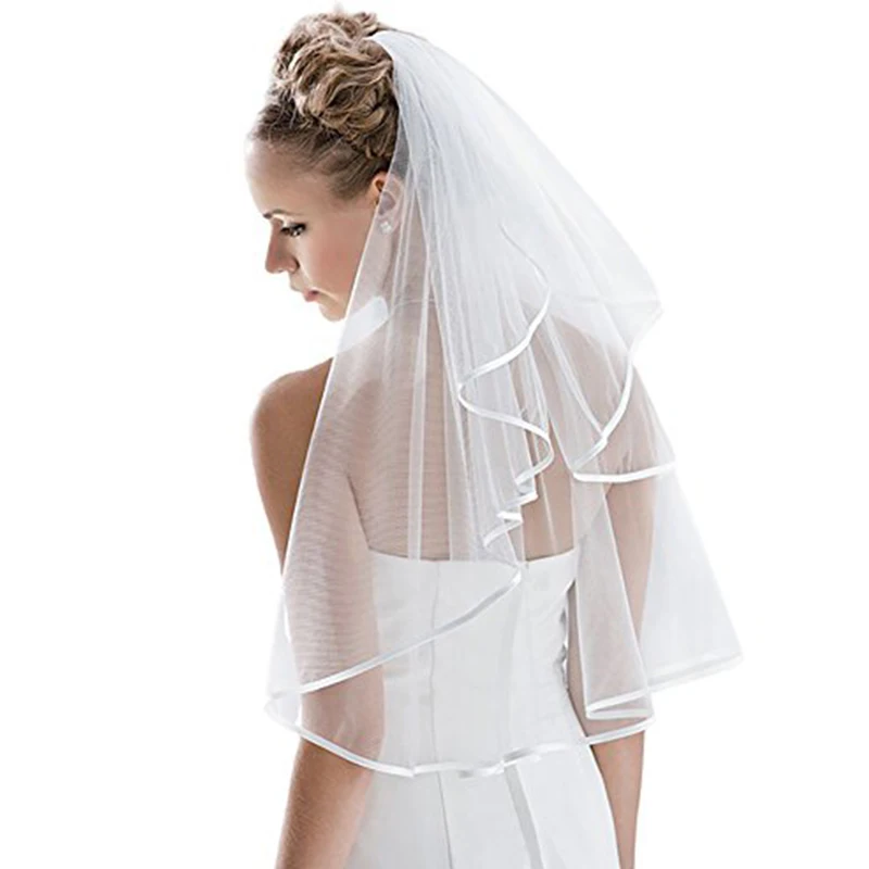 Velo de novia de dos capas, velo Simple de tul blanco y marfil con borde de cinta, accesorios de novia baratos, 75cm, corto, con peine