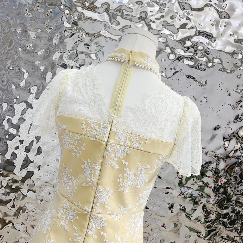 

Improved Cheongsam 2021 Summer New Retro Halter Slimming Mid-length Lace Stitching Summer Women Short Sleeve French Dress