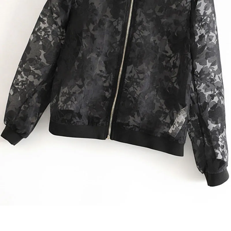 Ветровка короткая черная куртка на молнии с кружевом Осенняя мода Повседневная