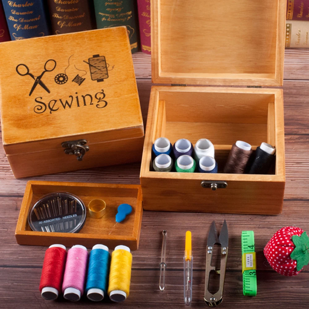 

1 Piece Wooden Sewing Box Set Sewing Kit Hand Suture Household Portable Sewing Tool Storage Box