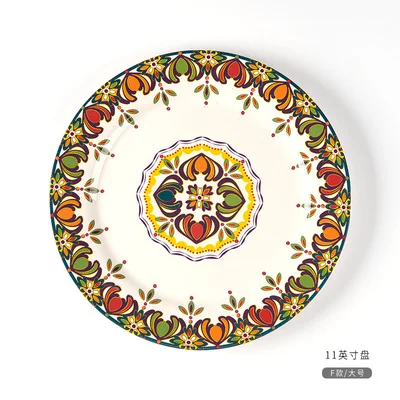 11inch plate Желтая керамическая тарелка для салата с закругленным краем в богемном стиле, тарелка для фруктов, домашняя тарелка с остеклением в этническом стиле, большая тарелка для стейка - Цвет: 11inch plate
