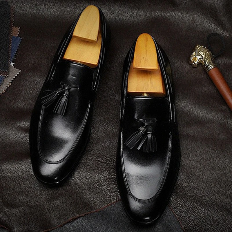 

Plus Size 48 Pointed Toe Slip on Man Casual Shoes Genuine Leather Tassels Flats Comfortable Business Office Male Loafers DX135